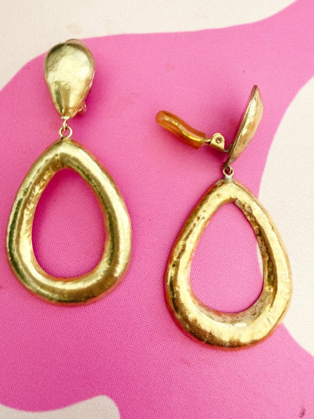Gold Tone Hammered Lightweight Clip-On Dangle Earrings